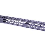 Matte gray/blue AR-15 handguard, Picatinny rail, geometric cutouts; lightweight aluminum design.