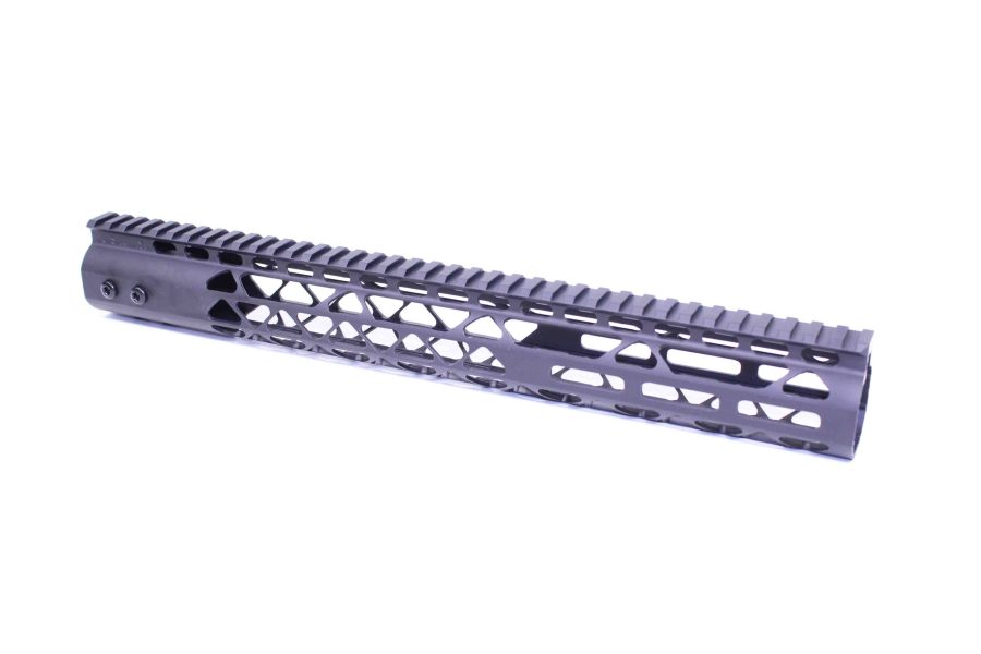 Matte gray/blue AR-15 handguard, Picatinny rail, geometric cutouts; lightweight aluminum design.
