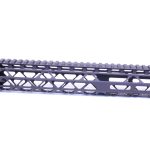 Black AR-15 free-floating handguard with skeletal design and Picatinny rail for accessory mounting.