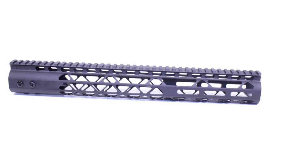 Black AR-15 free-floating handguard with skeletal design and Picatinny rail for accessory mounting.