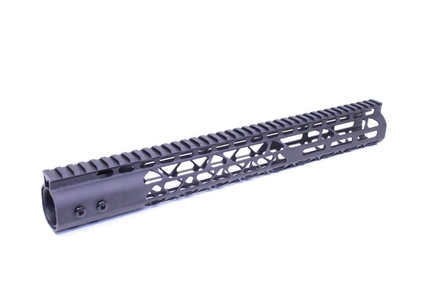 Black AR-15 handguard with Picatinny rail, M-LOK slots, and durable anodized aluminum construction.