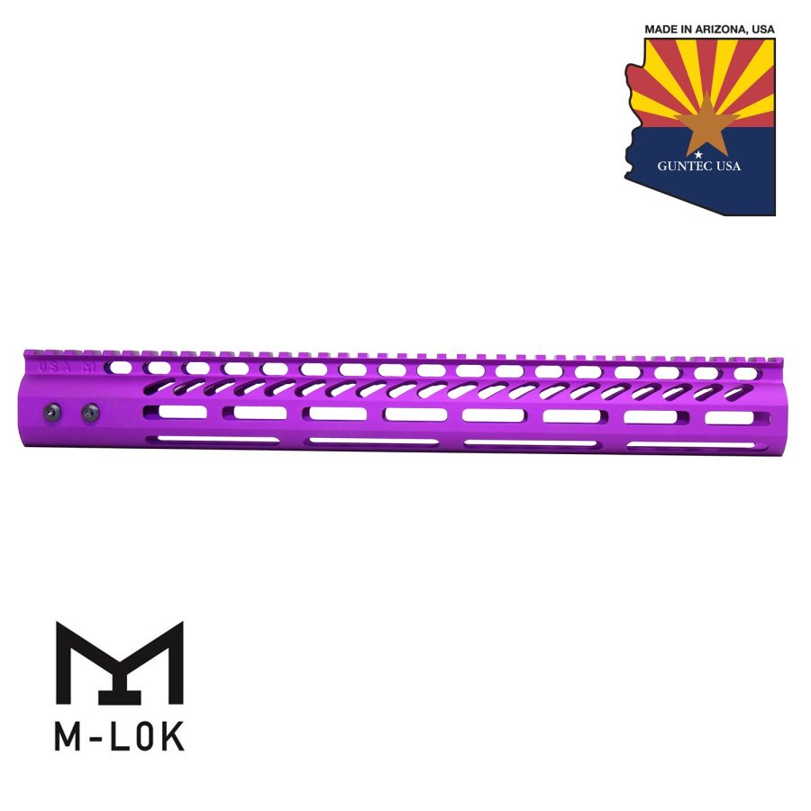 Purple M-LOK aluminum rail handguard, USA-made, for rifle customization with modern design.