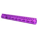 Purple anodized AR handguard with M-LOK slots and picatinny rail for accessories.
