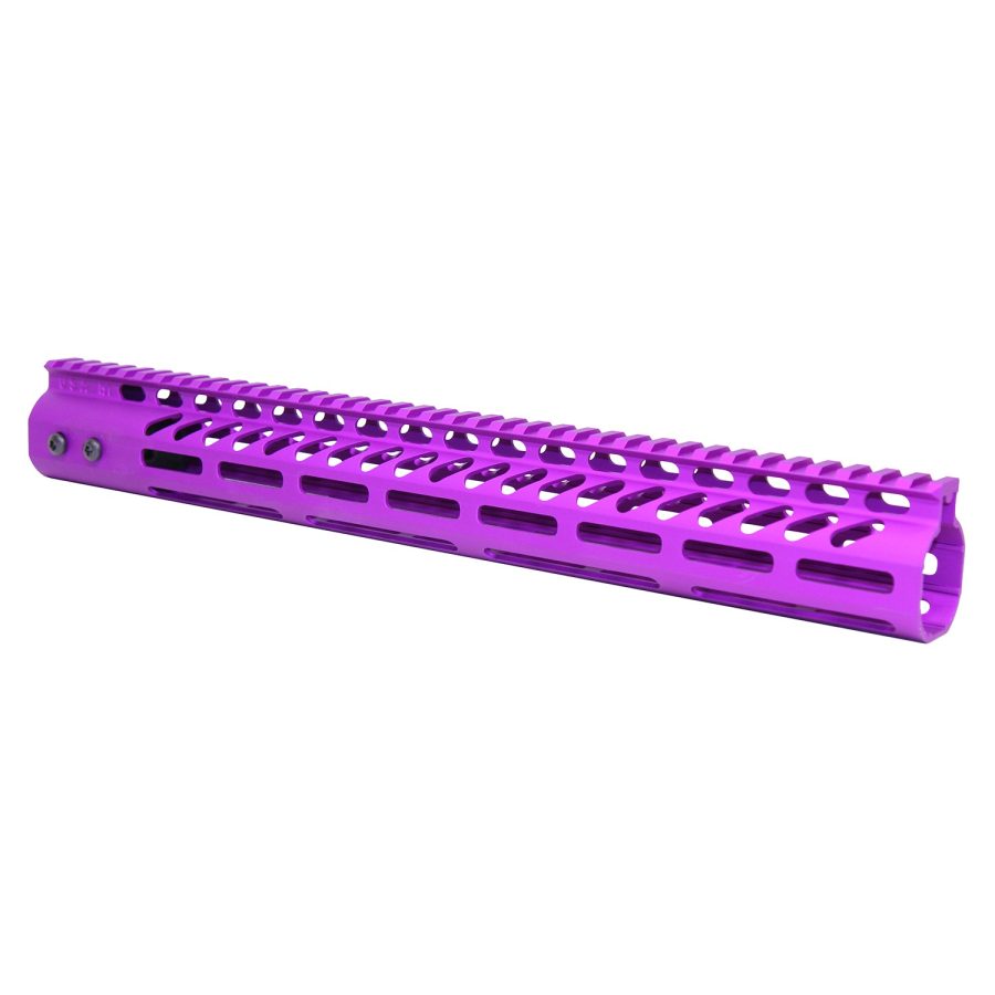 Purple anodized AR handguard with M-LOK slots and picatinny rail for accessories.