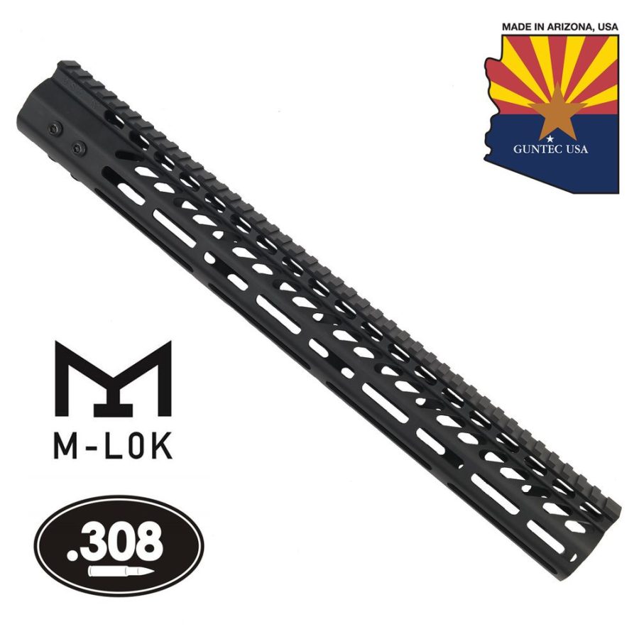 Black M-LOK .308 handguard, ventilated, Arizona-made, emphasizing quality and compatibility.
