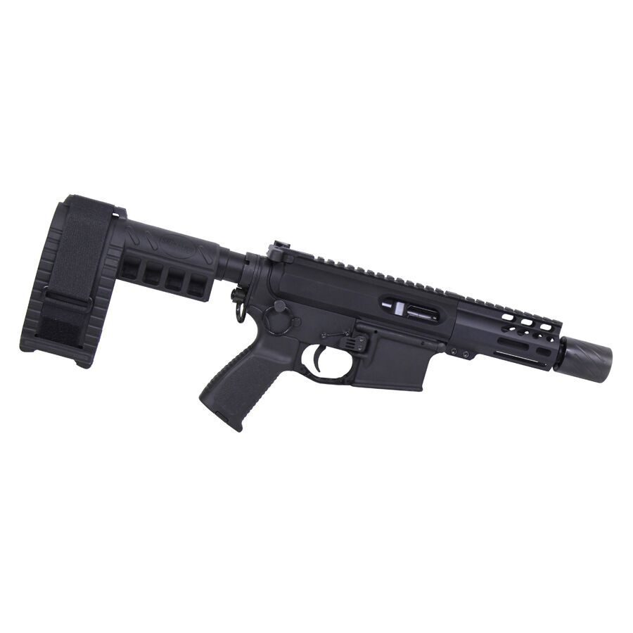 Compact black AR pistol with suppressor, stabilizing brace, and rail system for tactical use.