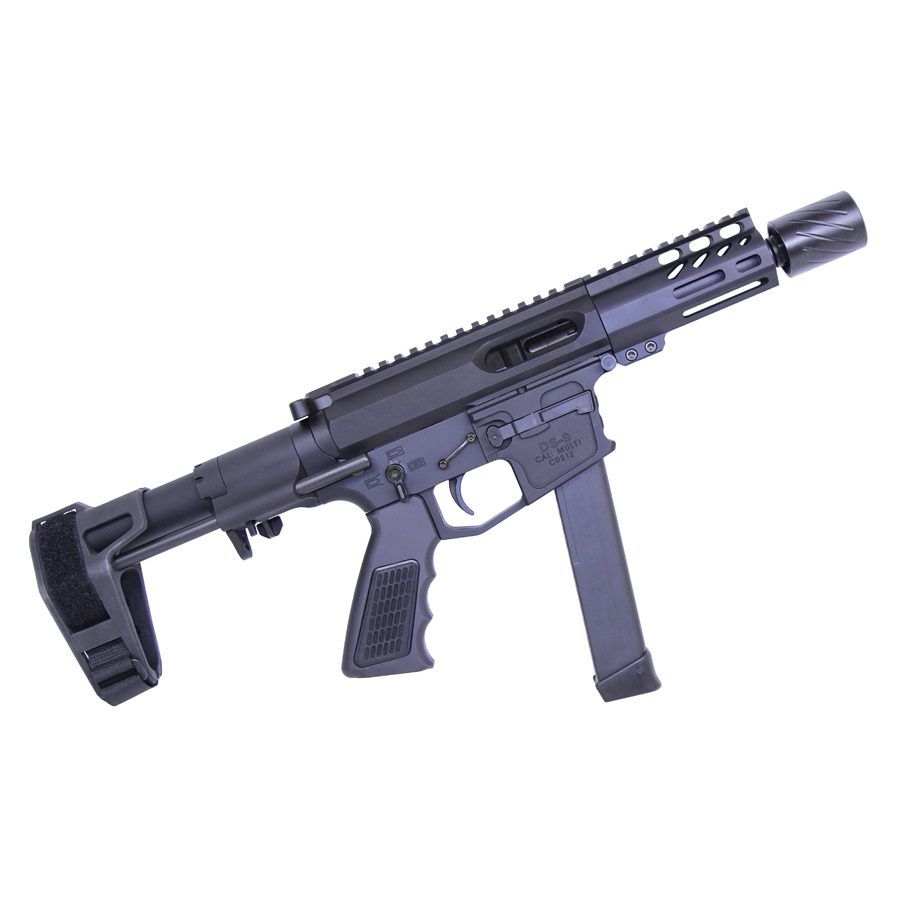 Modern compact 9mm submachine gun with Picatinny rail, ergonomic grip, and stabilizing brace.
