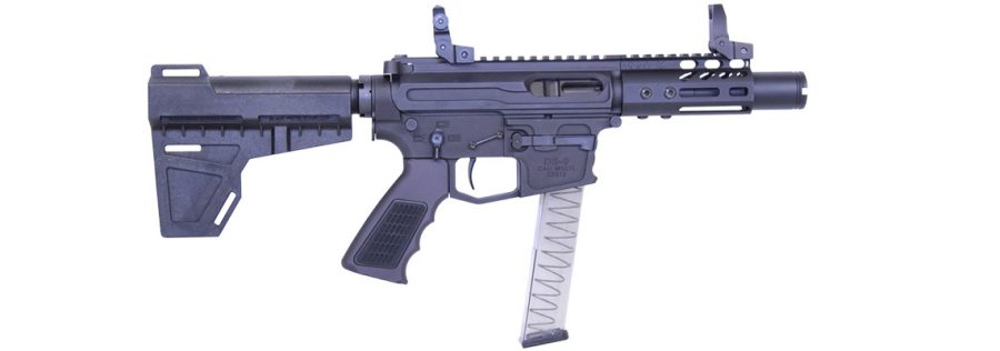 Compact tactical firearm with collapsible stock, rail system, and extended magazine for customization.