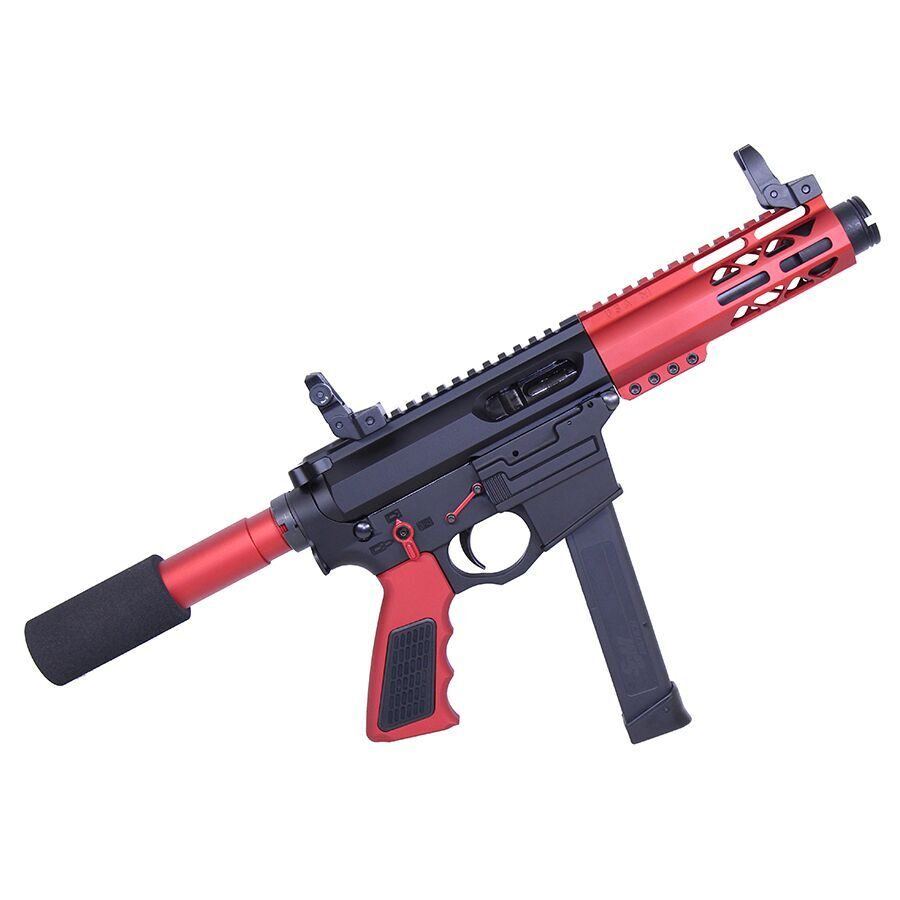 Red and black compact PCC with suppressor, M-LOK, optics rail, and 9mm magazine in AR-style design.