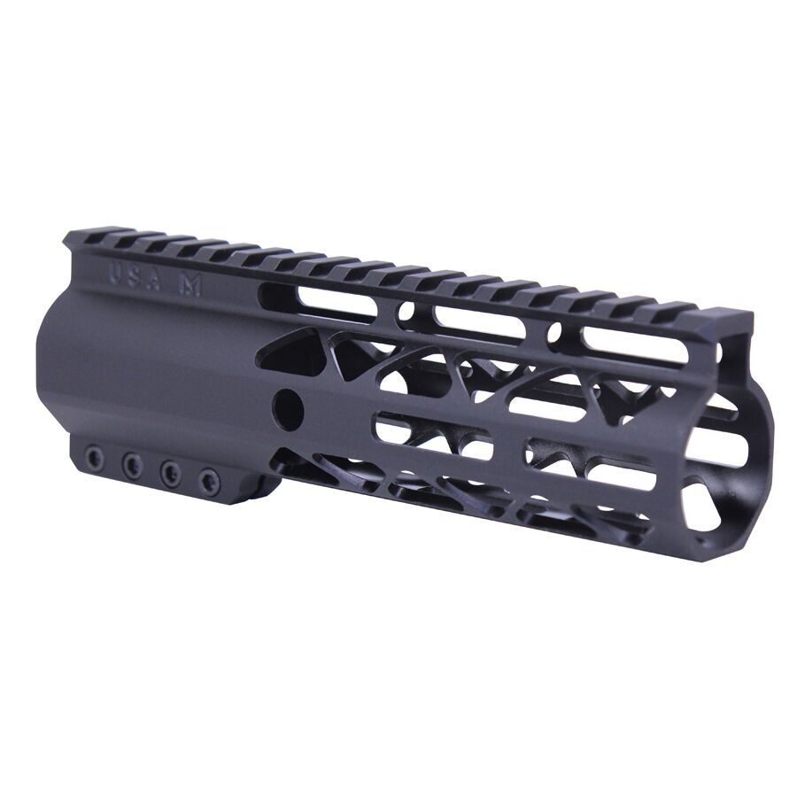 Sleek matte black AR-15 handguard with Picatinny rail, M-LOK slots, lightweight aluminum design.