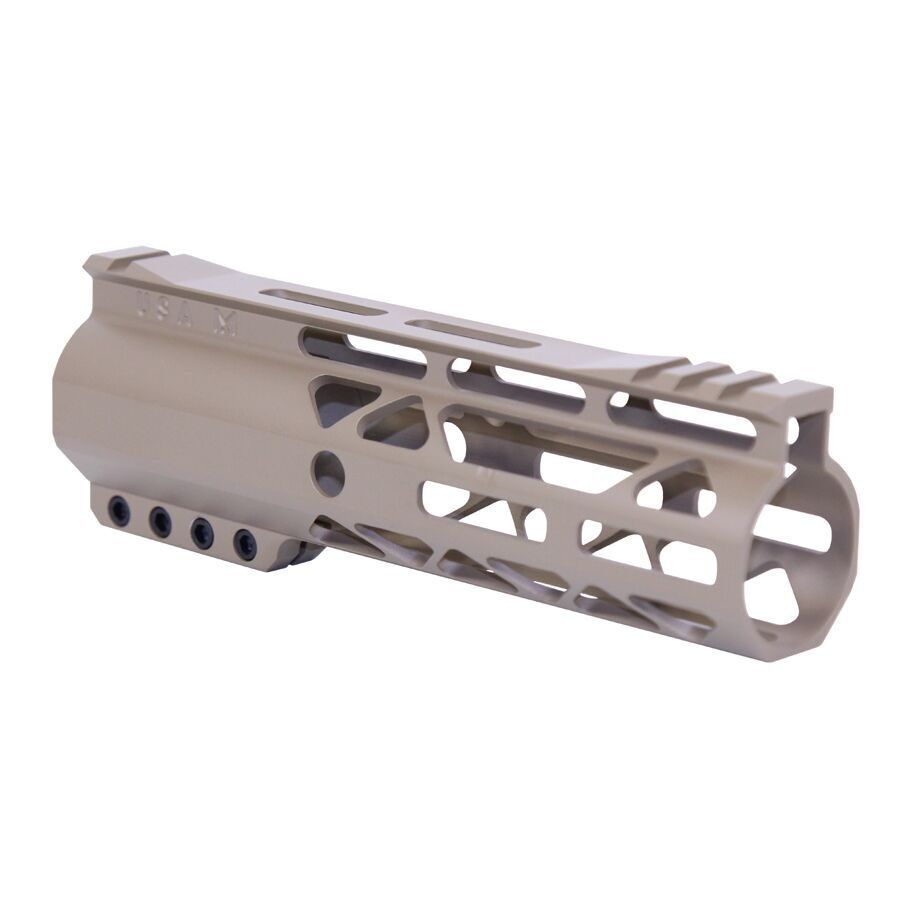 Desert Tan AR Rifle Handguard with Picatinny Rail for Lightweight Modularity and Heat Management.