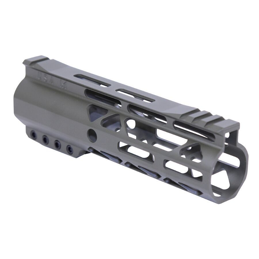 Matte gray AR-15 handguard with Picatinny rail and M-LOK/KeyMod slots for customization.