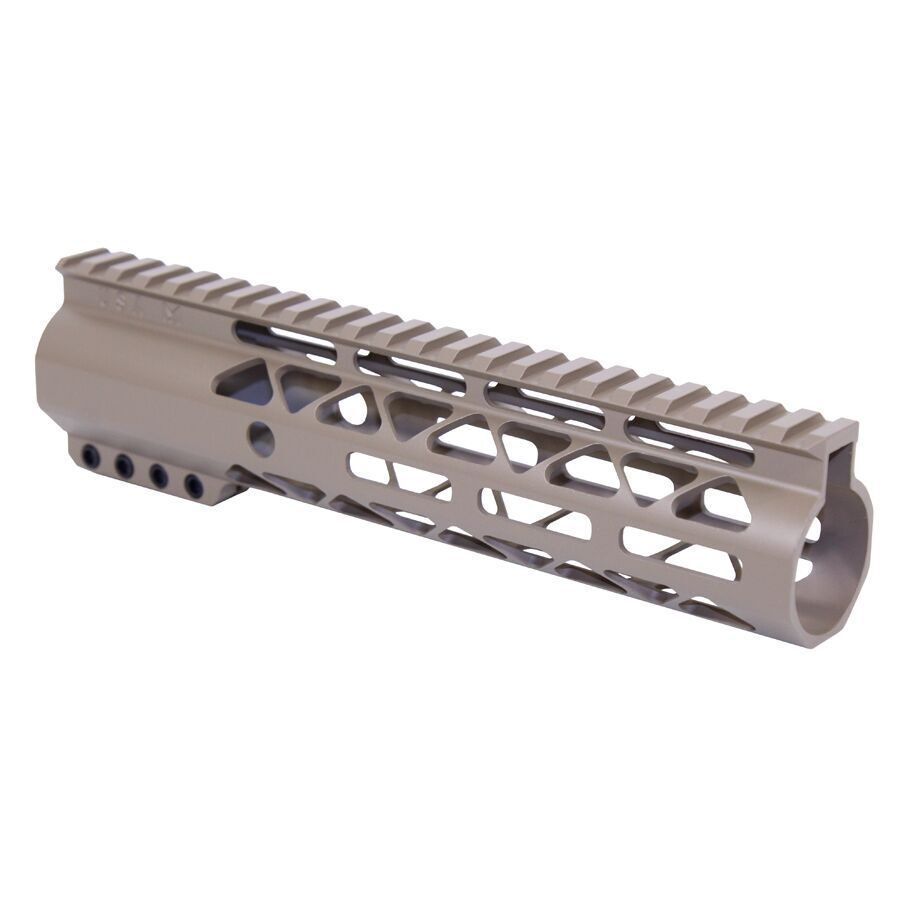 Desert Tan AR-15 Handguard with Picatinny Rail, Lightweight Aluminum, M-LOK Compatible.