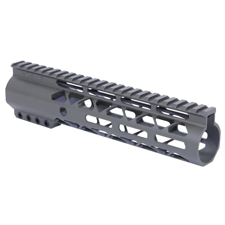 Matte gray tactical handguard with Picatinny rail and M-LOK for modern rifle customization.