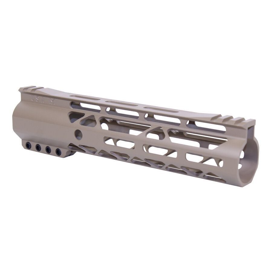 FDE tubular AR-15 handguard with KeyMod/M-LOK slots, lightweight, modular, tactical use.