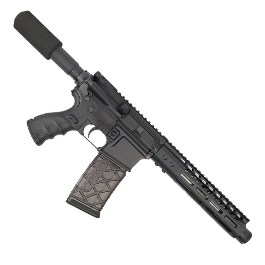 Black AR-style tactical pistol with suppressor, ergonomic grip, railed handguard, compact design.