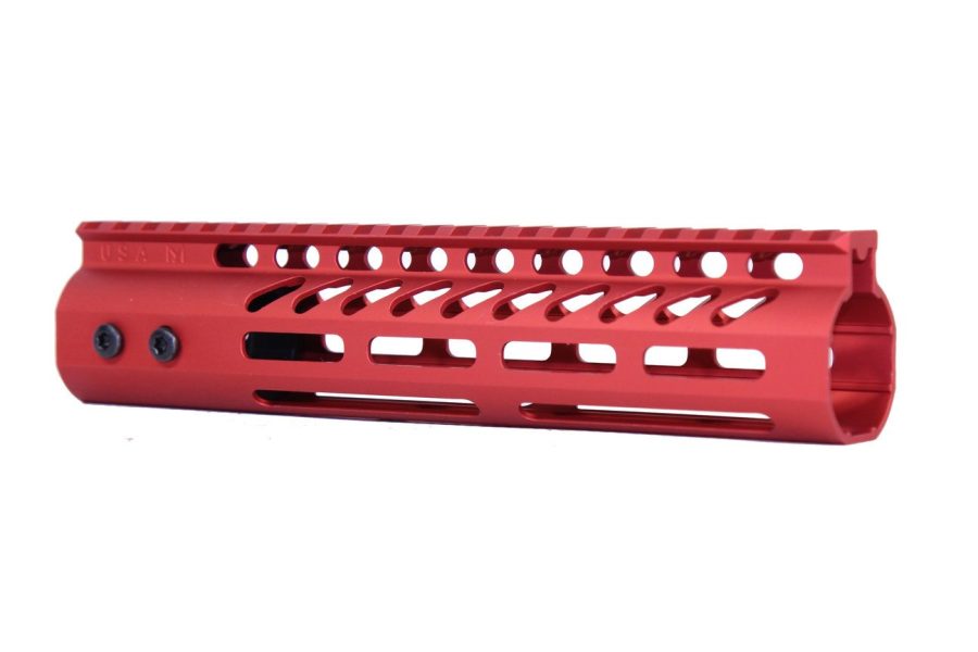 Red anodized rifle handguard with ventilation, mounting slots, and rail system for customization.