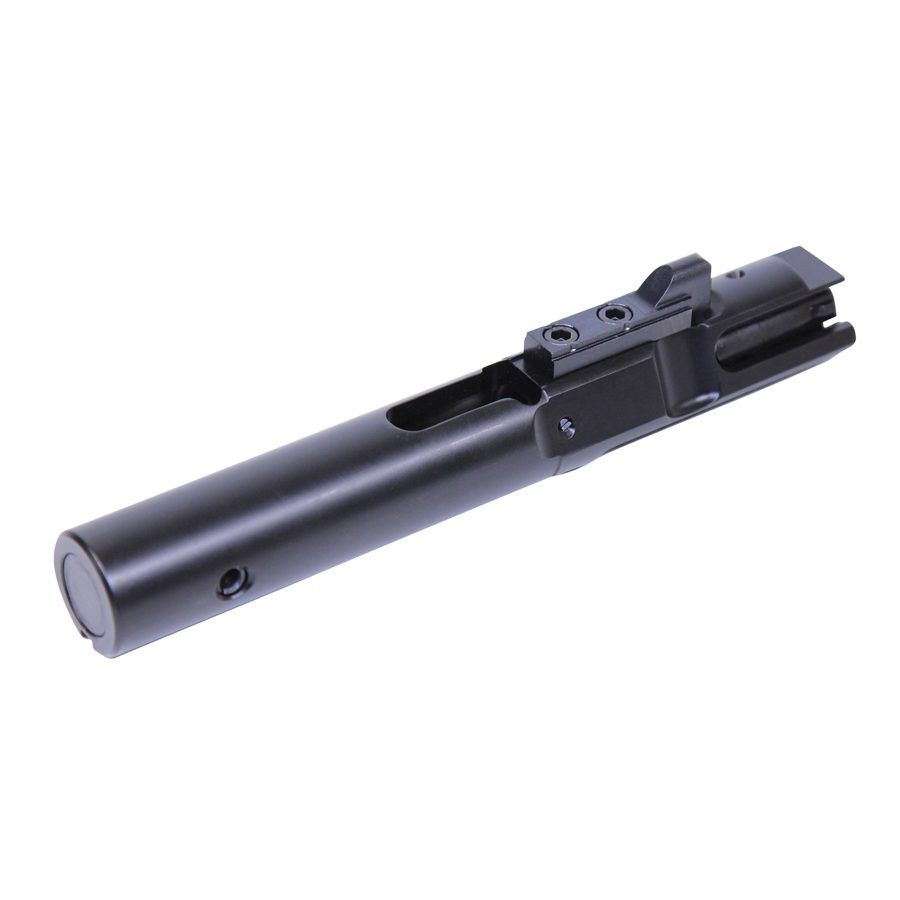 Matte black AR-15 bolt carrier group showcasing precision engineering and tactical design.