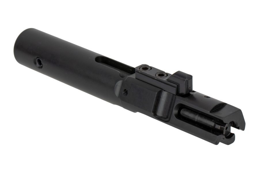 Black AR-style firearm bolt carrier group with matte finish, precision-engineered for reliability and durability.