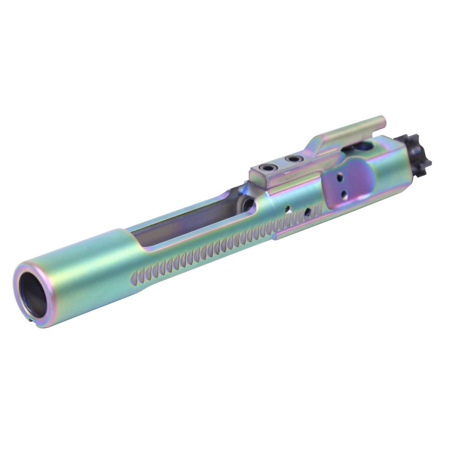 AR-15 Bolt Carrier with Iridescent Titanium Coating for Enhanced Durability and Aesthetic Appeal.