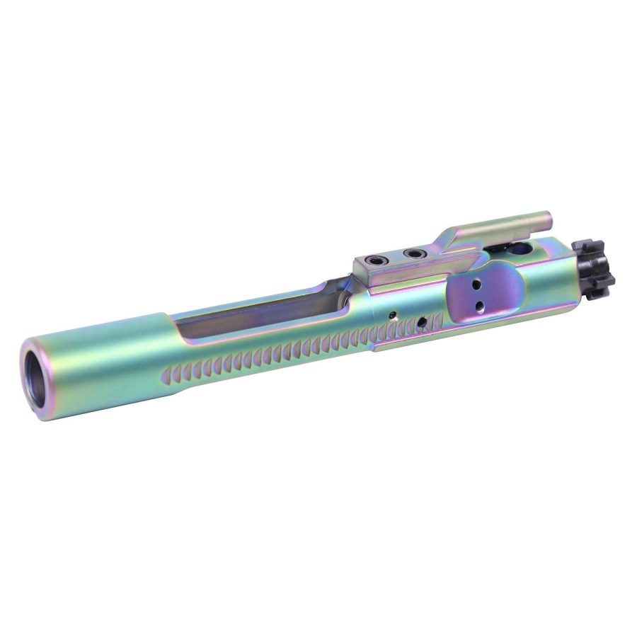 Iridescent AR-15 Bolt Carrier, Rainbow Titanium Finish, Precision Machined for Enhanced Performance.