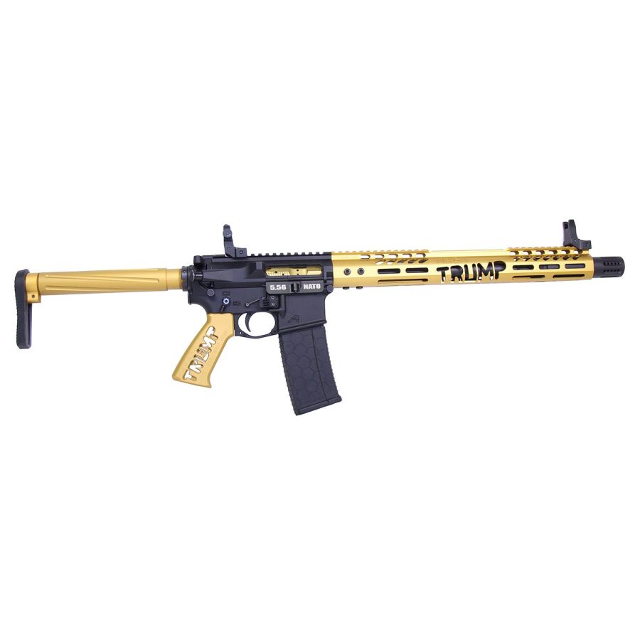 Gold Trump AR-15 with suppressor, adjustable stock, and tactical rail; commemorative collectors firearm.