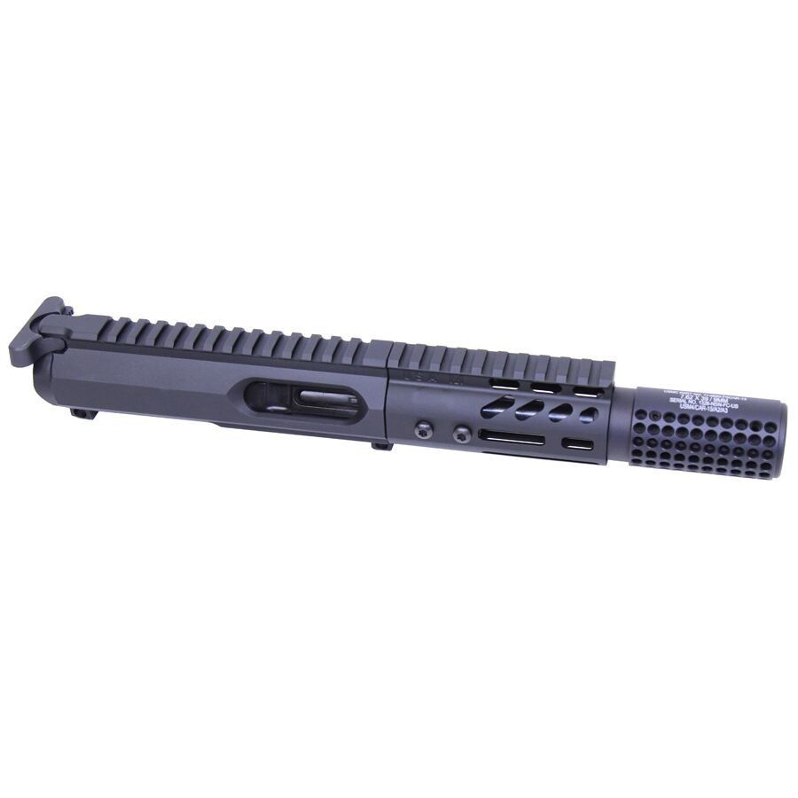 Matte black AR-style upper receiver with threaded barrel, M-LOK slots, and tactical features.