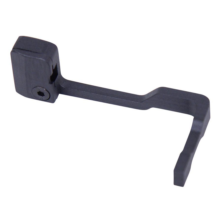 Black L-shaped ergonomic camera grip for enhanced stability and comfort in photography.
