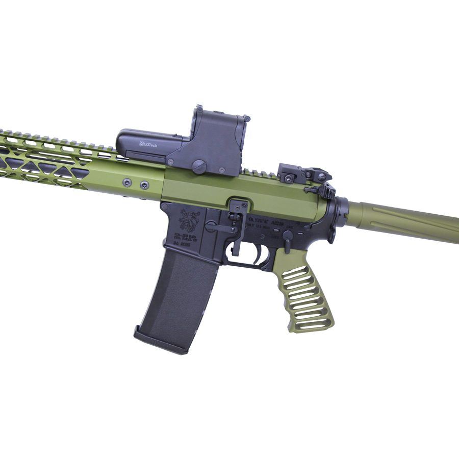 Modern olive green assault rifle with optic sight, ergonomic grip, and tactical design features.