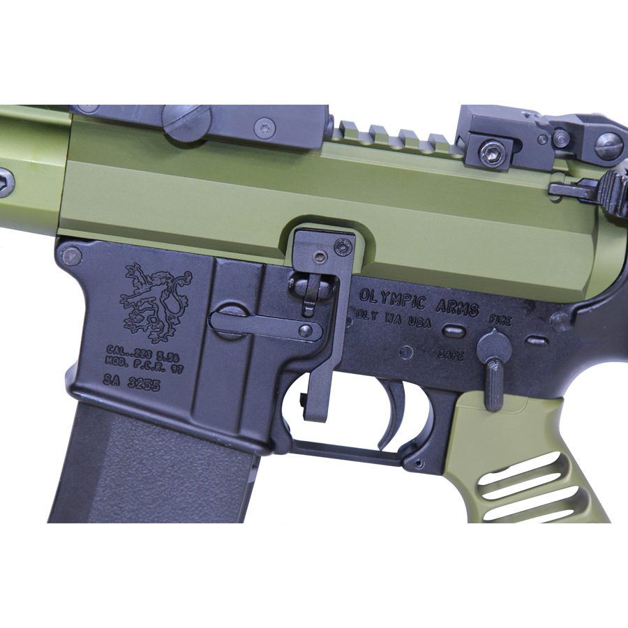 Close-up of AR rifles lower receiver: trigger assembly, safety selector, and magazine well detailed.