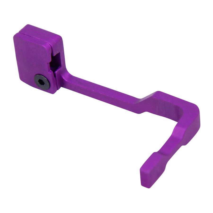 Purple anodized machined component with L-shaped design, likely for firearms, featuring precise engineering.