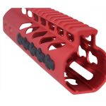 Red skeletal rifle handguard: lightweight, customizable accessory with mountable rail segments for modern firearms.