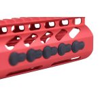 Red tactical firearm rail: lightweight, skeletonized with black mounts for heat dissipation and functionality.