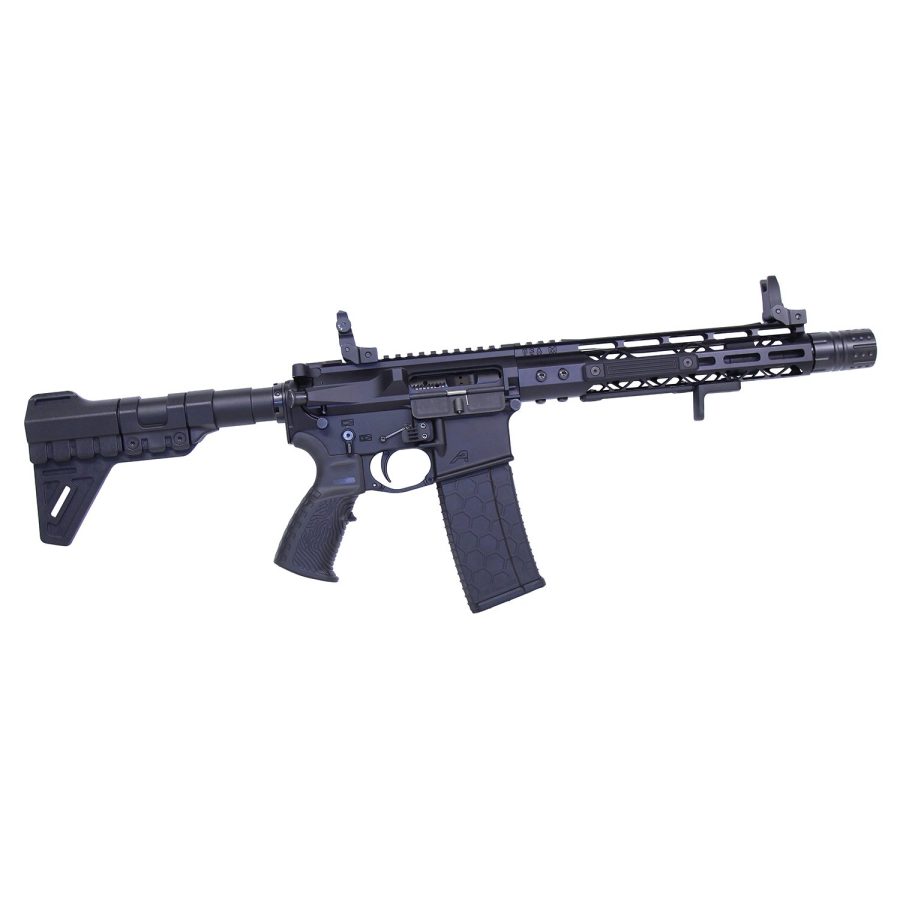 Modern AR-15 tactical rifle with collapsible stock, rail system, and suppressor on white background.