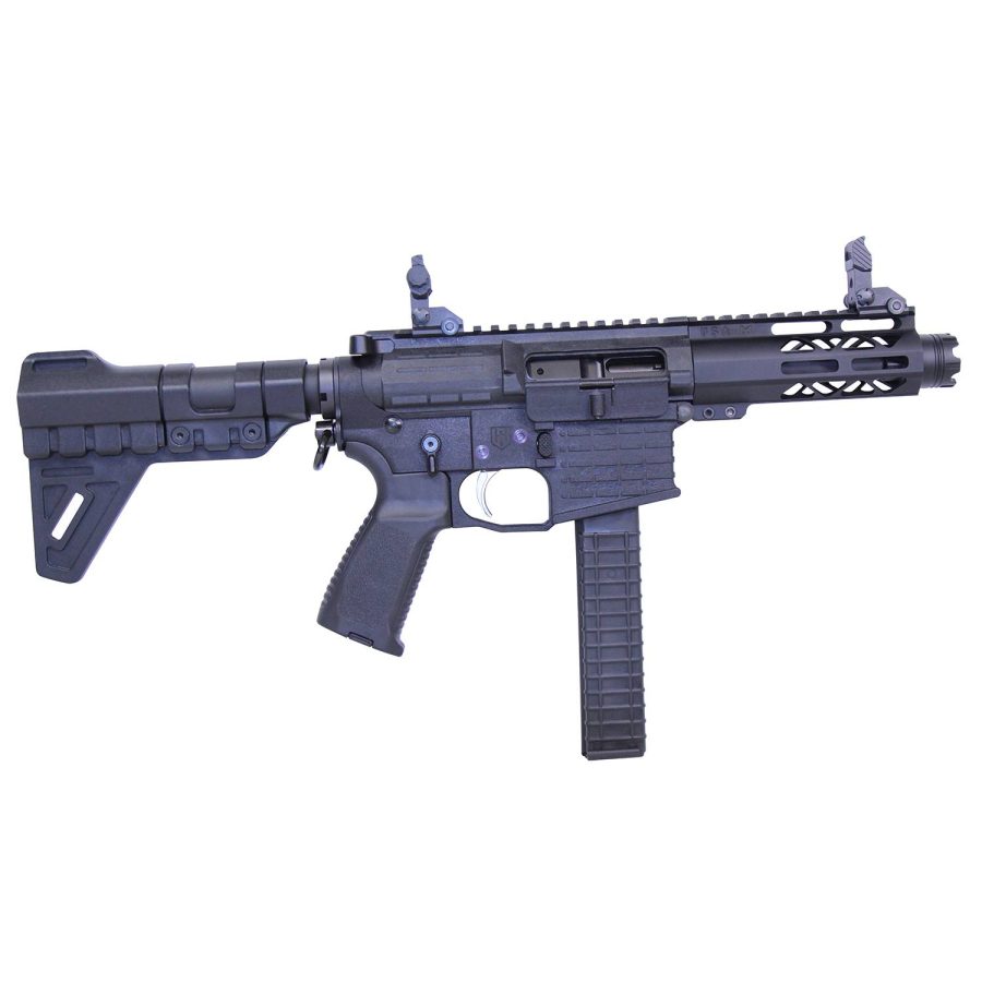 Compact AR-15 pistol carbine in matte black with stabilizing brace and flash hider.