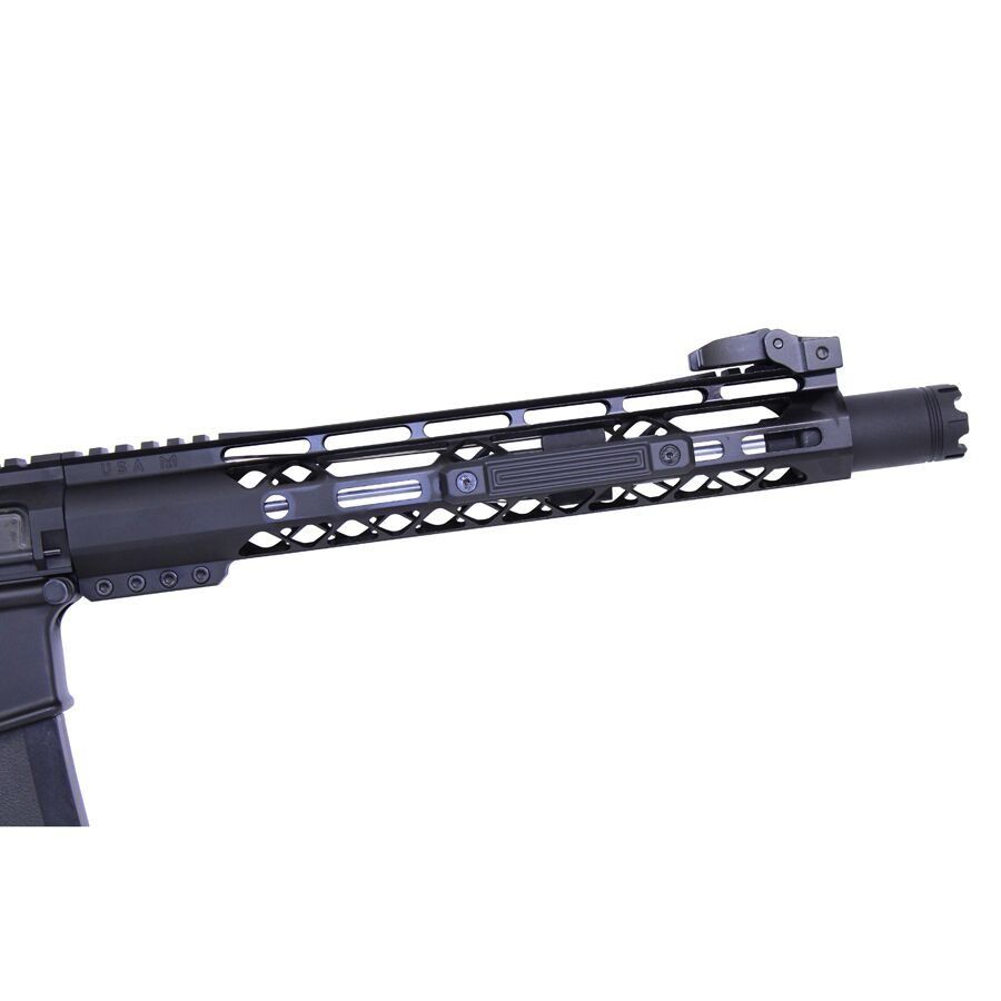 Modern rifle handguard, black skeletonized design, M-LOK system, Picatinny rail, customizable.