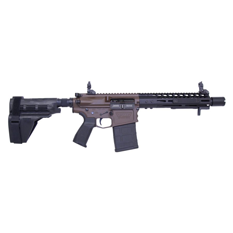 Modern AR pistol with bronze receiver, stabilizing brace, short barrel, and tactical rail system.