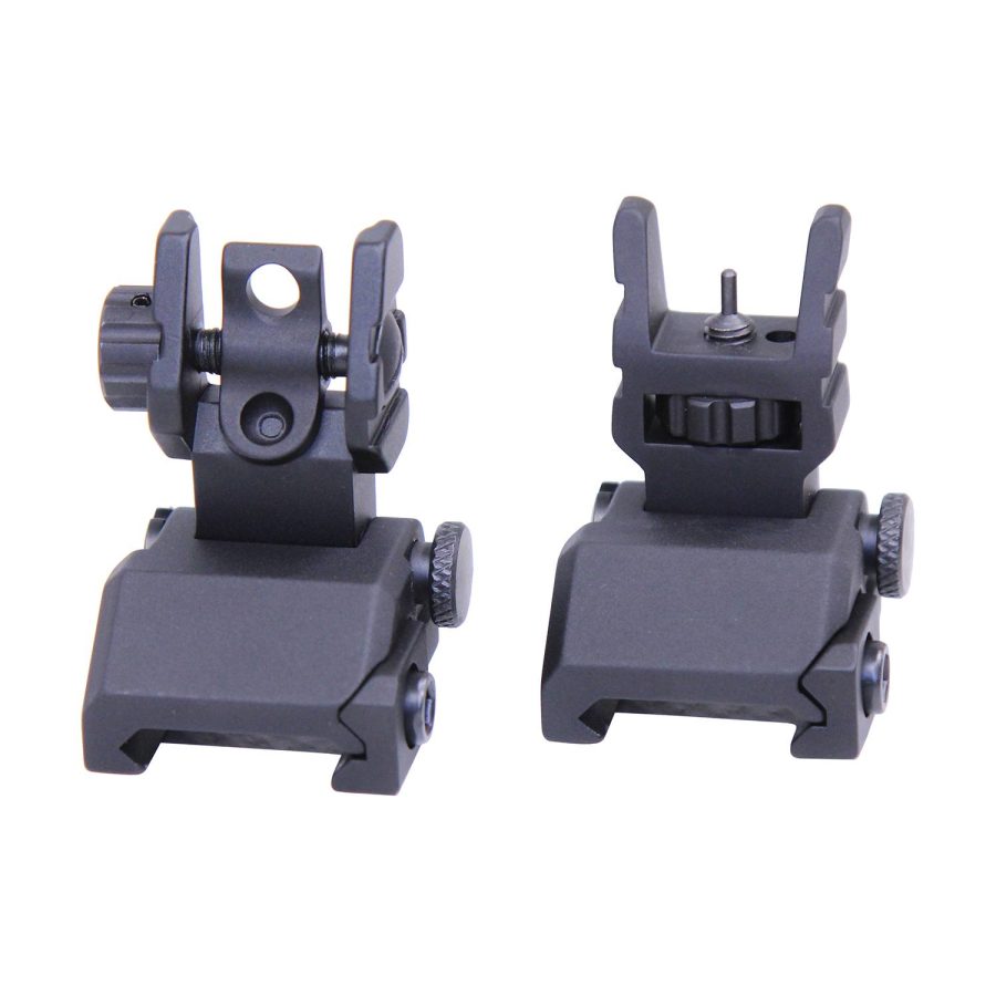 Tactical flip-up iron sights for firearms with durable, low-profile design and precise aiming features.