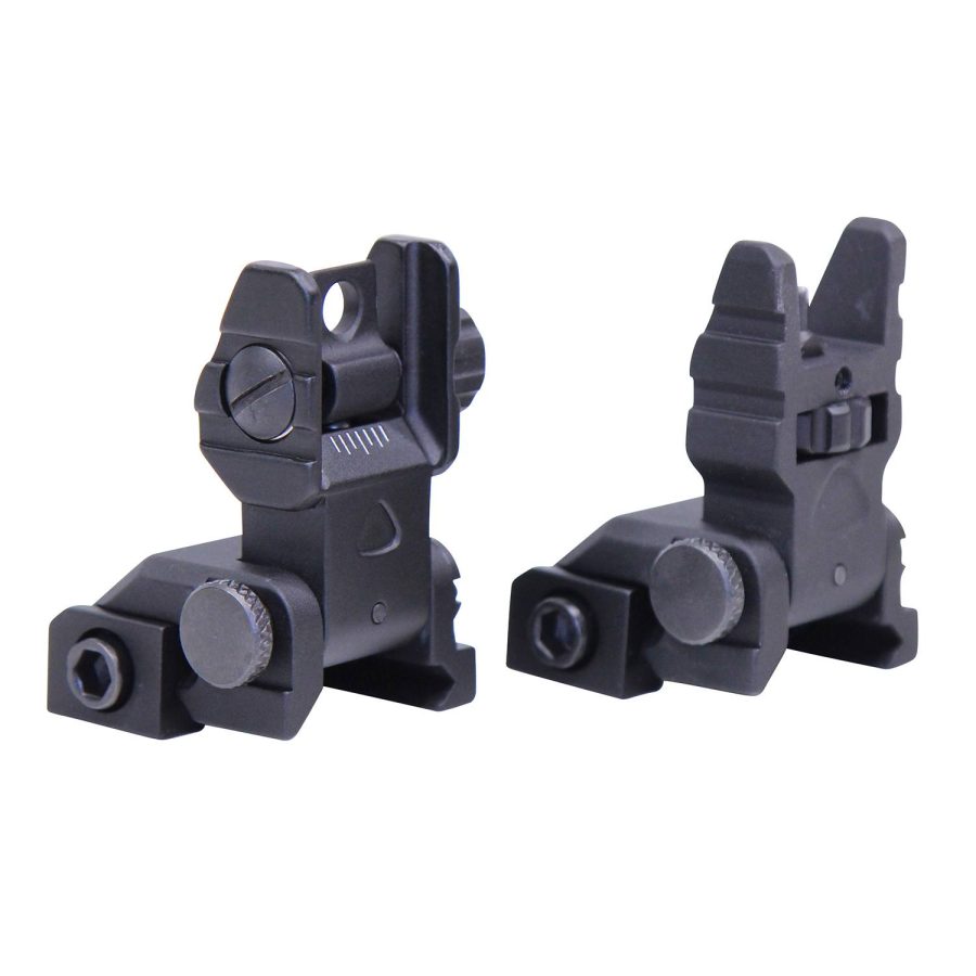 Black tactical flip-up iron sights for rifles with durable design and adjustable windage and elevation.