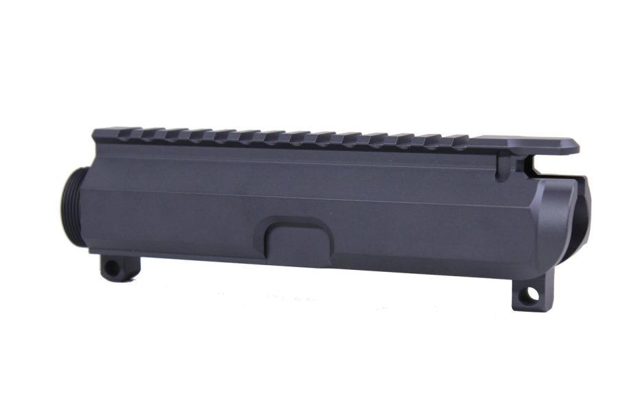 Black AR-15 upper receiver with anodized finish, Picatinny rail, and modular design.