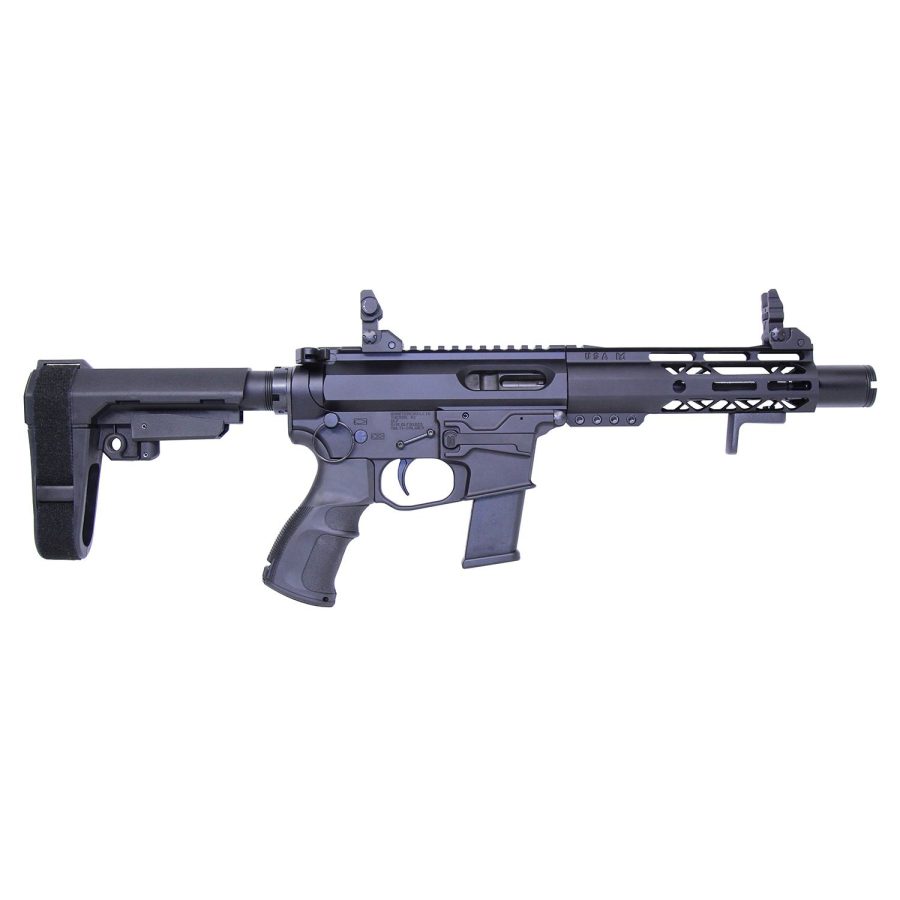 Tactical pistol-caliber carbine with stabilizing brace, short barrel, and Picatinny rail for optics.