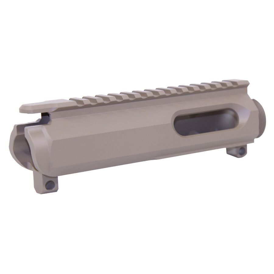 Matte tan AR-15 upper receiver with Picatinny rail, machined aluminum, featuring ejection port cutout.