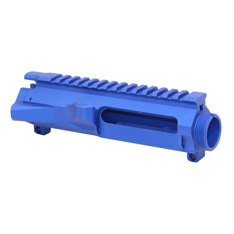 Royal blue anodized rifle upper receiver with Picatinny rail for custom firearm builds.