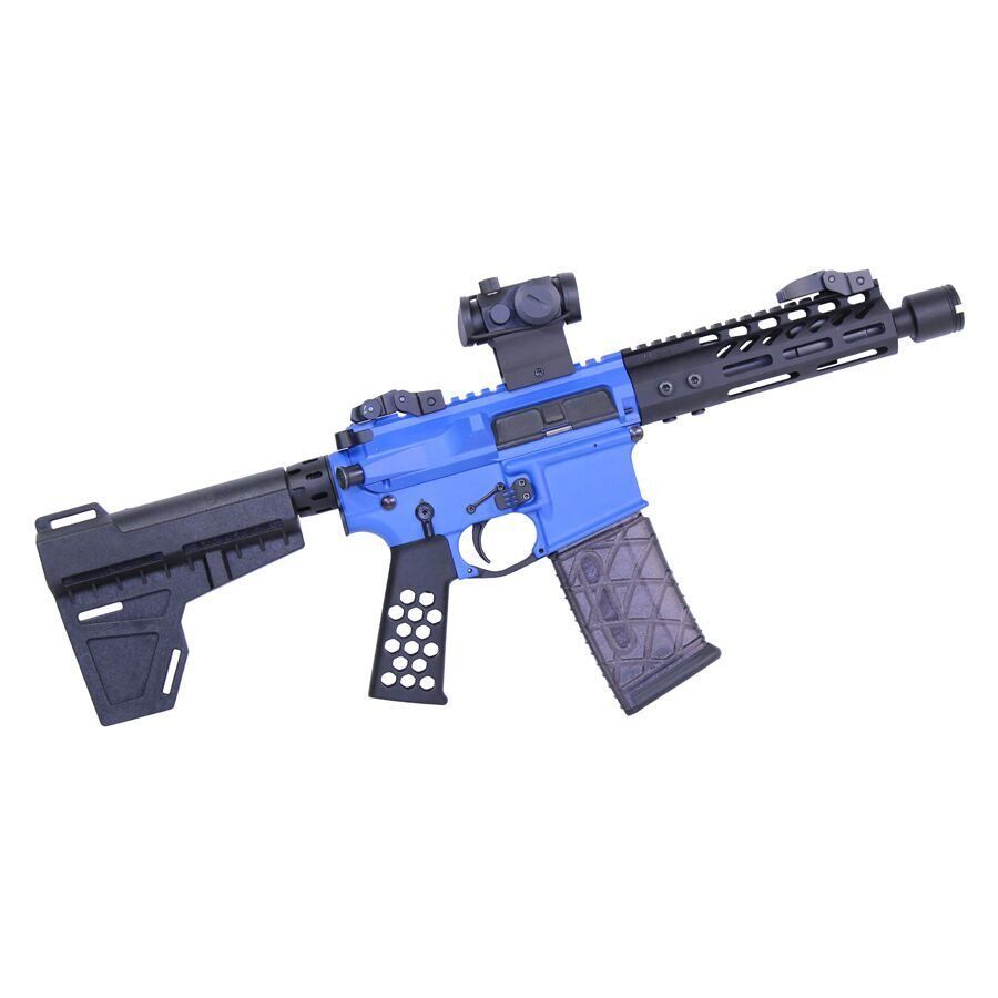 Customized blue AR-style firearm with optic, short barrel, and rail system for accessories.