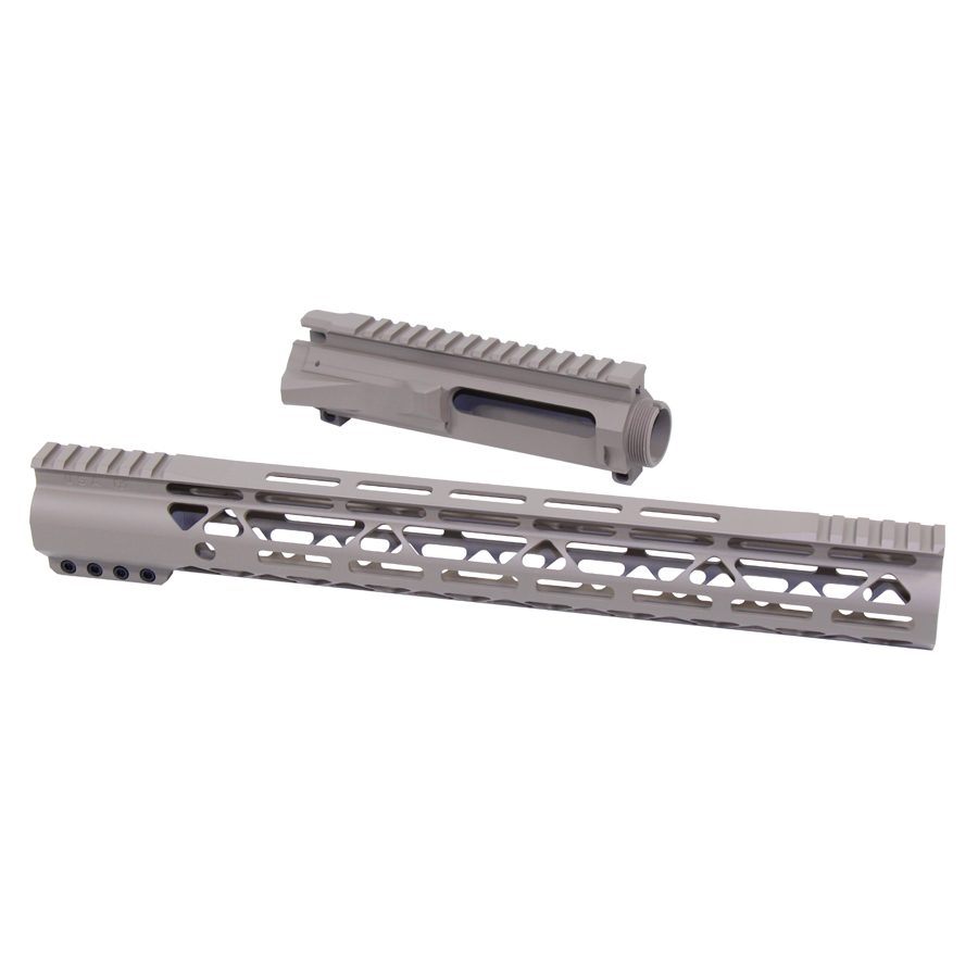 AR-15 silver-gray precision-machined upper receiver and handguard with picatinny rails.