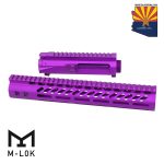 Purple AR-style firearm parts with M-LOK rails and Arizona emblem, showcasing customization.