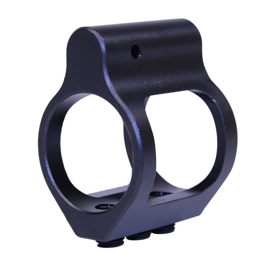 Low profile AR-15 gas block, black finish, precision-designed for compatibility and customization.