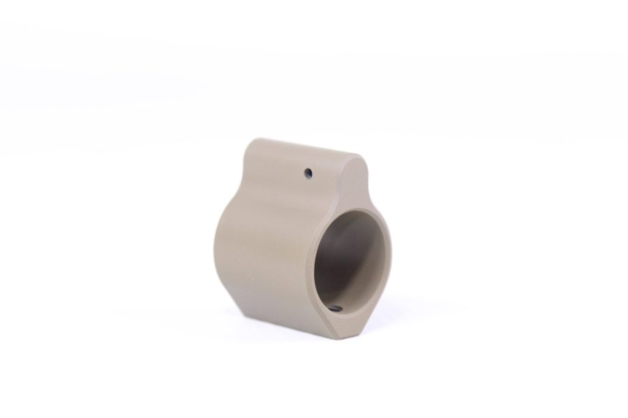 Flat Dark Earth rifle gas block with central opening and set screw hole, on white background.