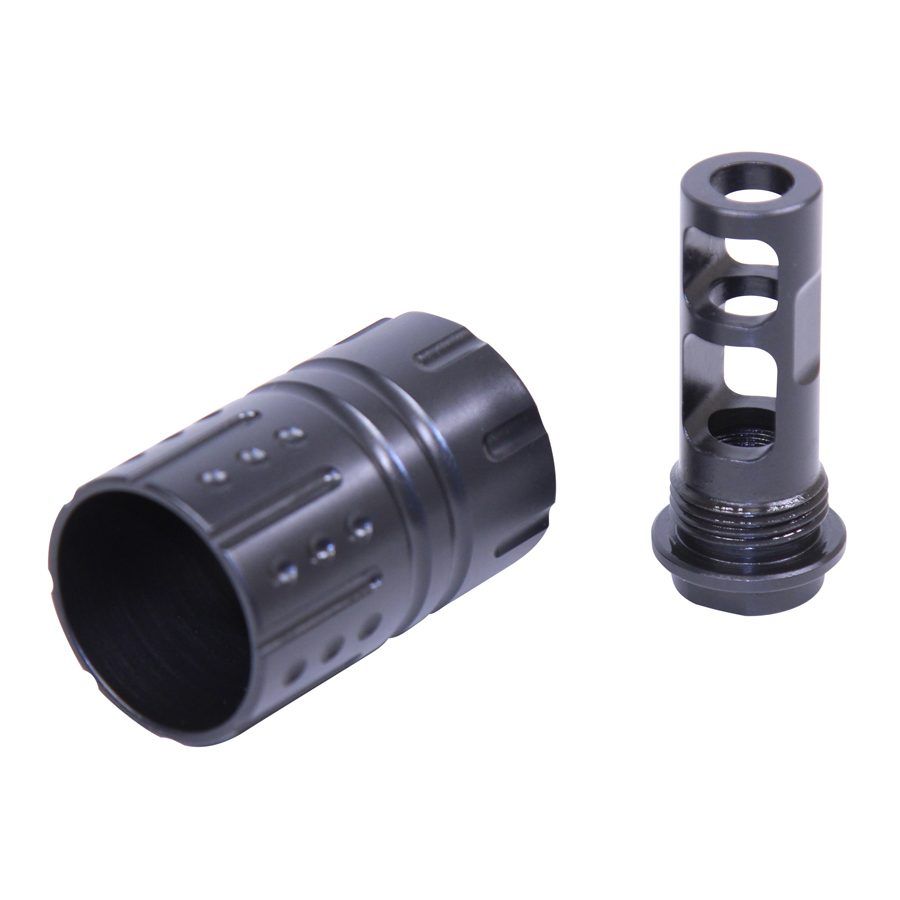 Black metal muzzle attachments: cylindrical flash hider and complex muzzle brake on white background.