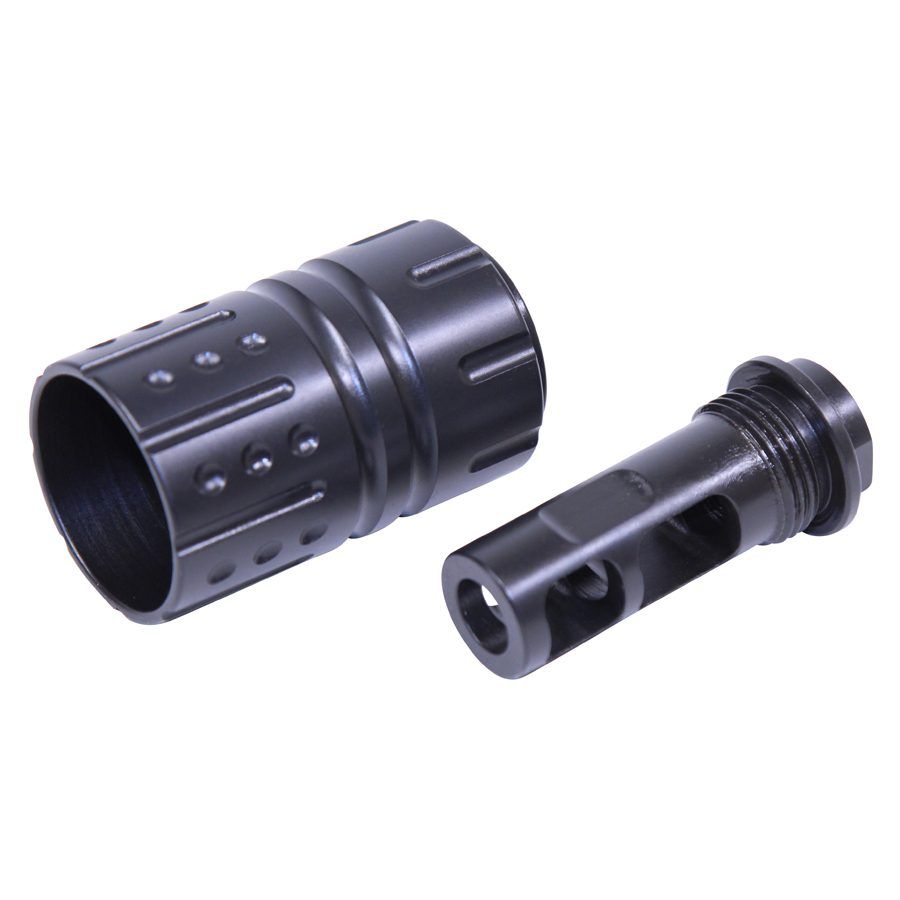 Precision-machined black firearm muzzle devices with ports, enhancing shooting performance on white background.